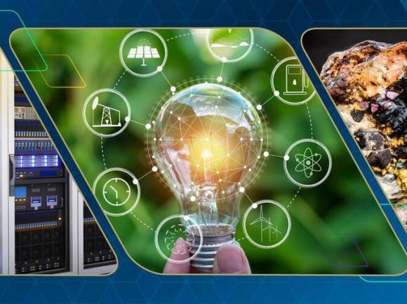 Georgia Tech Energy Day 2026 Header Image with three boxes showing an image of a datacenter, an electric bulb with energy sources around it and a multi-colored critical mineral 