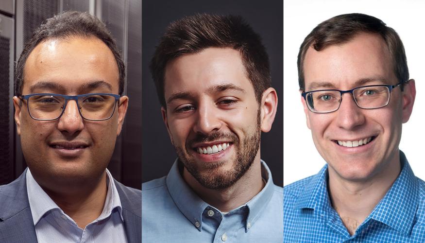 Three men's individual portrait-style photos are arranged side by side, each showing a person from the shoulders up. The individuals wear collared shirts and appear in different lighting settings, including a dark background, a neutral studio backdrop, and a bright white background.