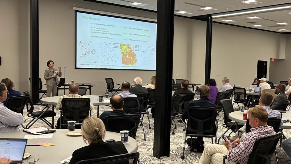 <p>Yuanzhi Tang, Georgia Tech Professor, and Strategic Energy Institute's initiative lead for Sustainable Resources providing an overview of GEMs-3 and GRACE Engine at the workshop in Macon, GA</p> Yuanzhi Tang, Professor, and Strategic Energy Institute's Initiative Lead for Sustainable Resources presenting at the GEMs-3 and GRACE Workshop in Macon, GA