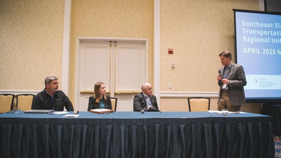 <p><em>Richard Simmons (Georgia Tech Strategic Energy Institute and SETRI co-facilitator) (right) moderates a panel on charging infrastructure featuring (from left) Tom DelViscio (Duke Energy) Emily Belding (IONNA) and Ben Rogers (Electrada). [</em></p> Richard Simmons (Georgia Tech Strategic Energy Institute and SETRI co-facilitator) (right) moderates a panel on charging infrastructure featuring (from left) Tom DelViscio (Duke Energy) Emily Belding (IONNA) and Ben Rogers (Electrada). [